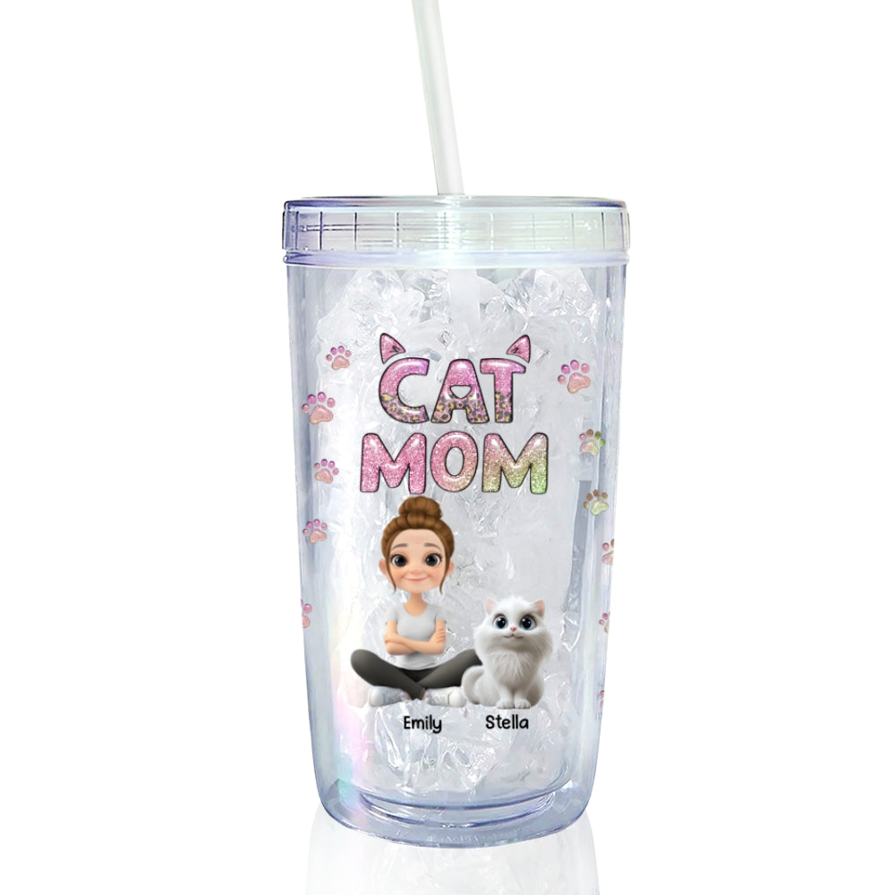 Custom Christmas Birthday Gifts For Cat Mom, Cat Lovers • Cat Mom Lovely Chibi - Personalized 14oz Plastic Tumbler