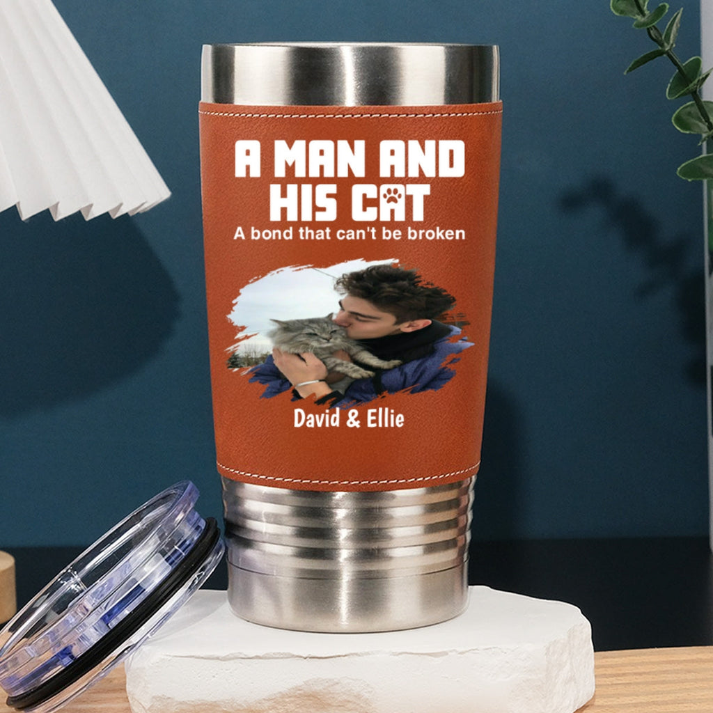 Custom Photo Father's day Birthday Gifts For Cat Dad, Cat Lovers • A Man And His Cats Photo - Personalized Leather Tumbler
