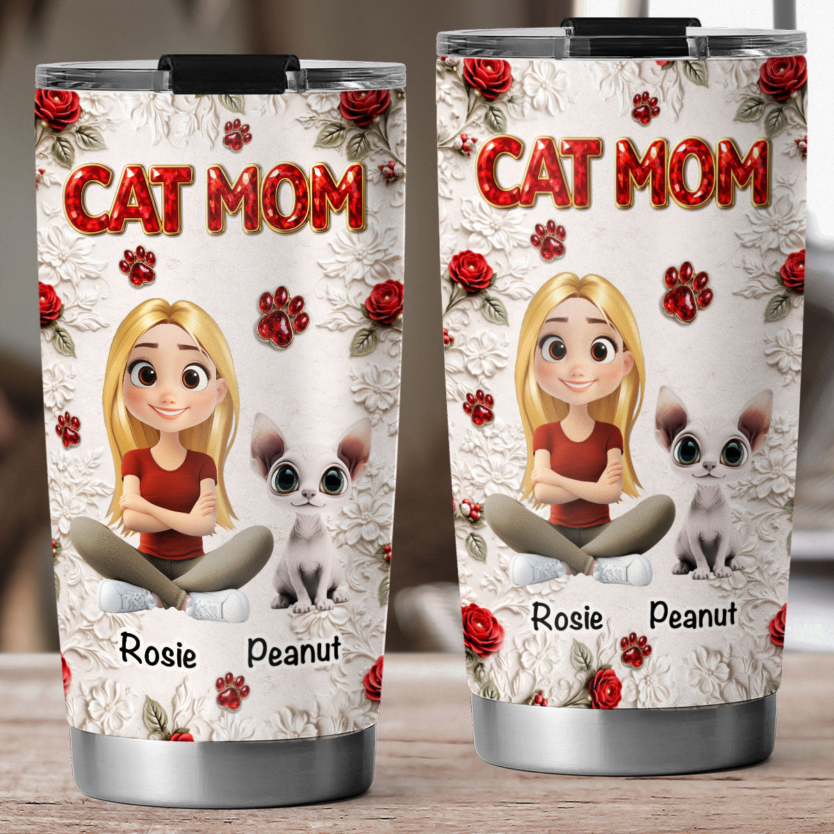 Custom Christmas Birthday Gifts For Cat Mom, Cat Lovers • Floral Cat Mom - Personalized 3D Effect Tumbler