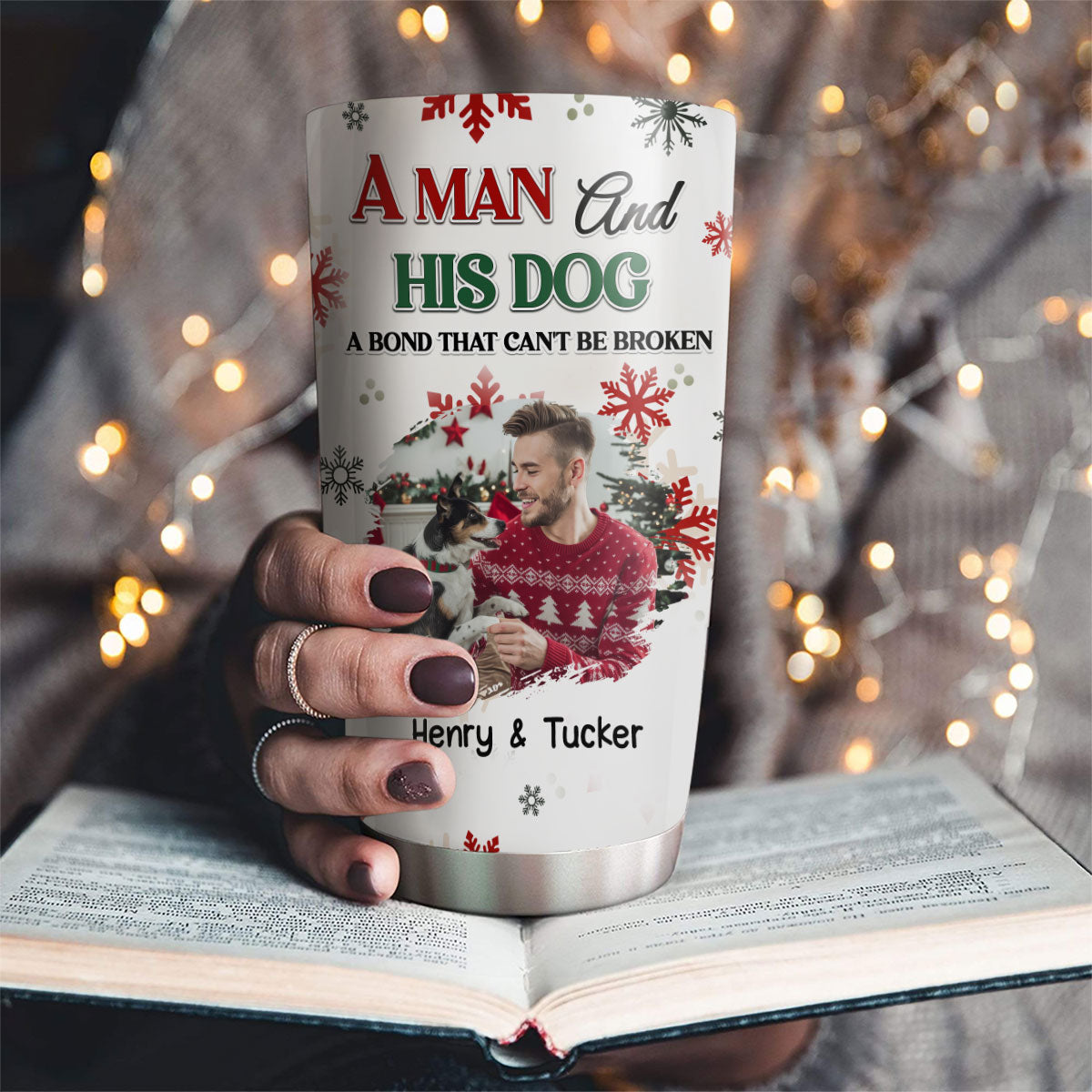 Custom Photo Christmas Birthday Gifts For Dog Dad, Dog Lovers • A Man And His Dog Love Christmas Photo - Personalized Tumbler