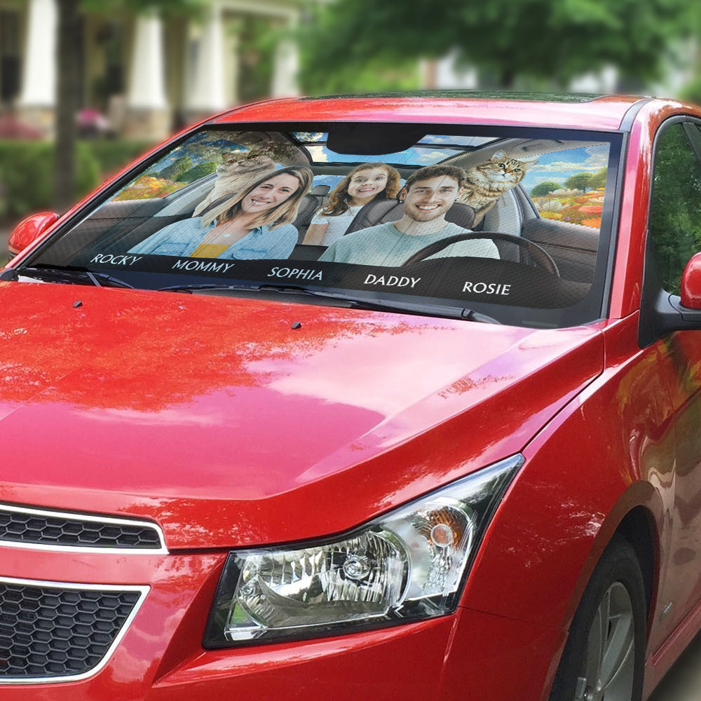 Custom Christmas Birthday Gifts Car Accessories for Cat Parents • Life Is Better With My Cat Family Photo - Personalized Car Sunshade