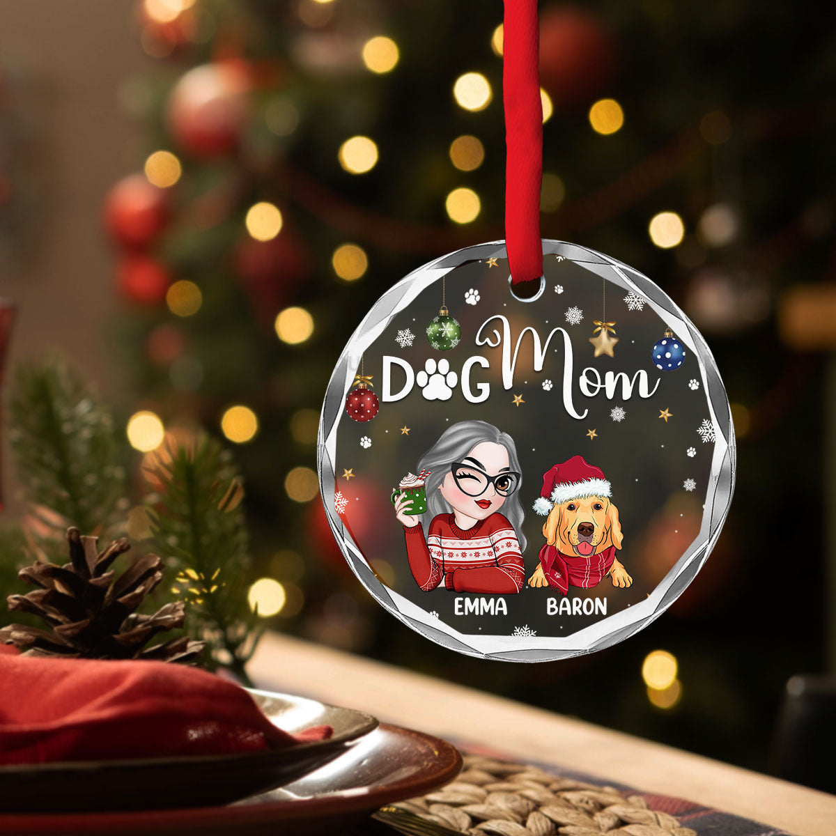 Custom Christmas Decor Home Birthday Gifts For Dog Mom, Dog Lovers • Dog Mom - Personalized Glass Ornament