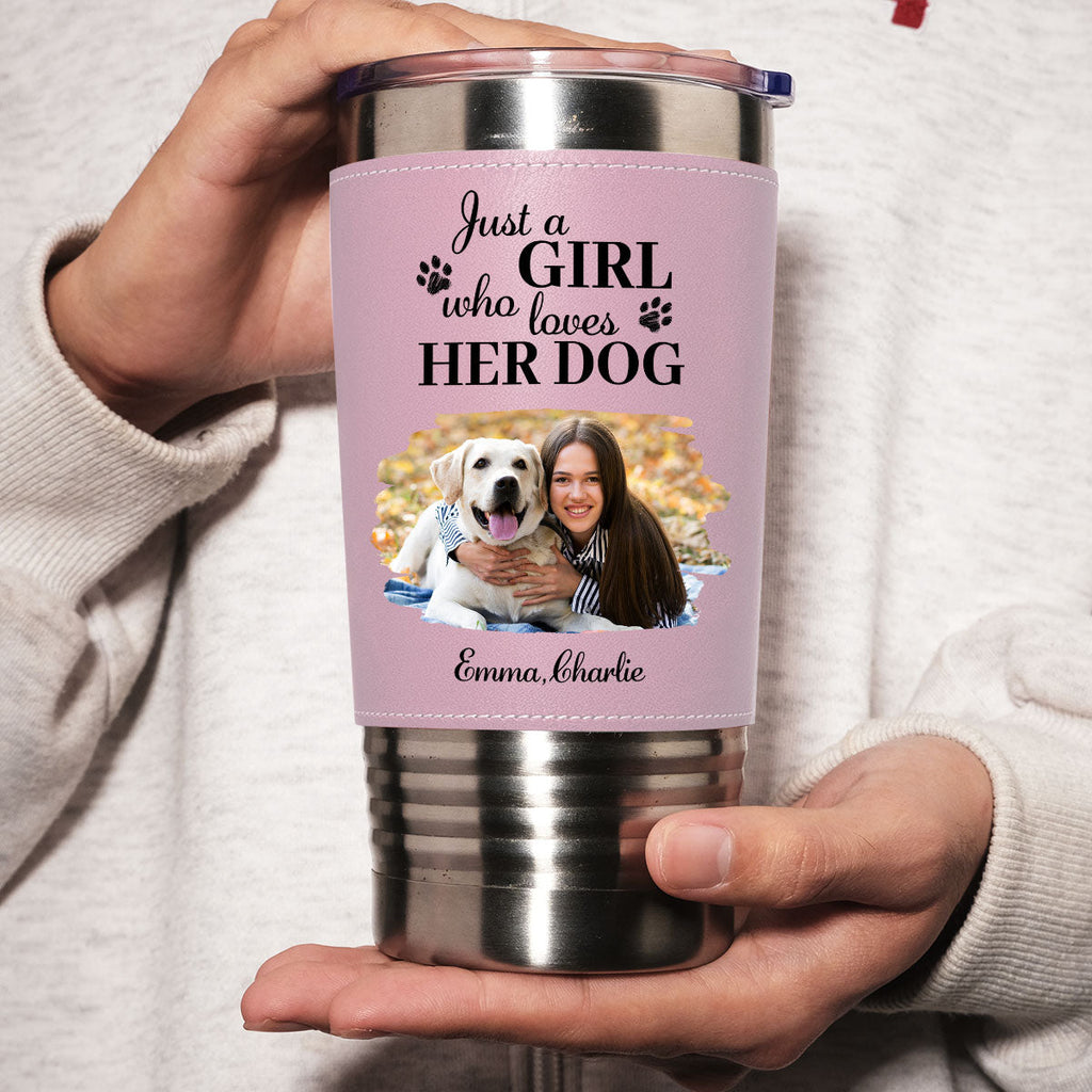 Custom Photo Christmas Birthday Gifts For Dog Mom, Dog Lovers • Pumskin Dog Autumn Photo - Personalized Pink Leather Tumbler