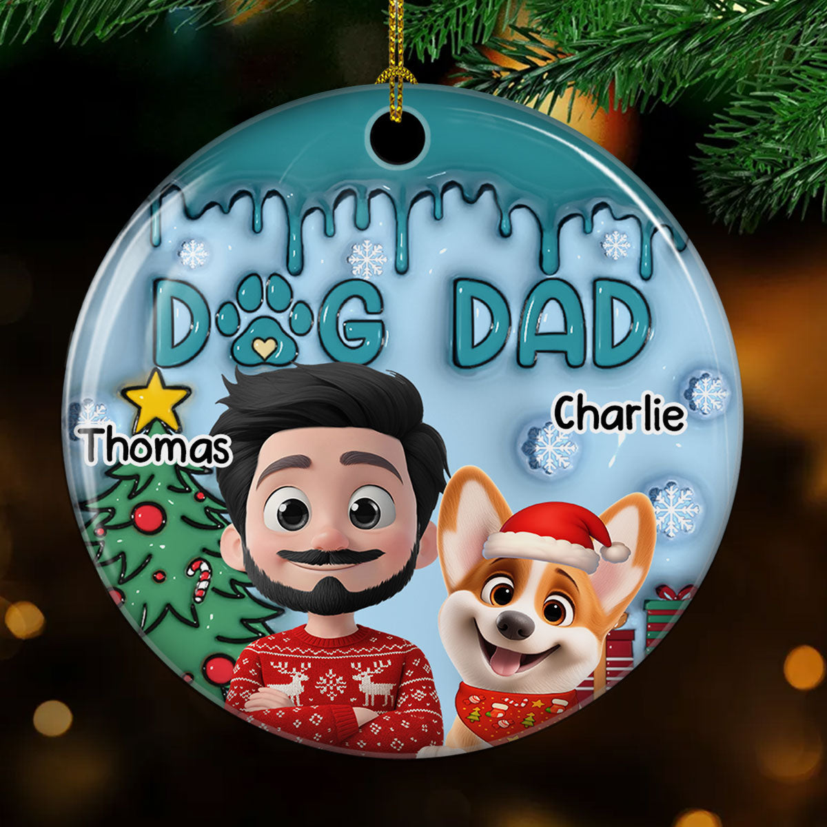 Custom Christmas Decor Home Birthday Gifts For Dog Dad, Dog Lovers • Man And Lovely Dog - Personalized 3D Inflated Effect Ceramic Ornament