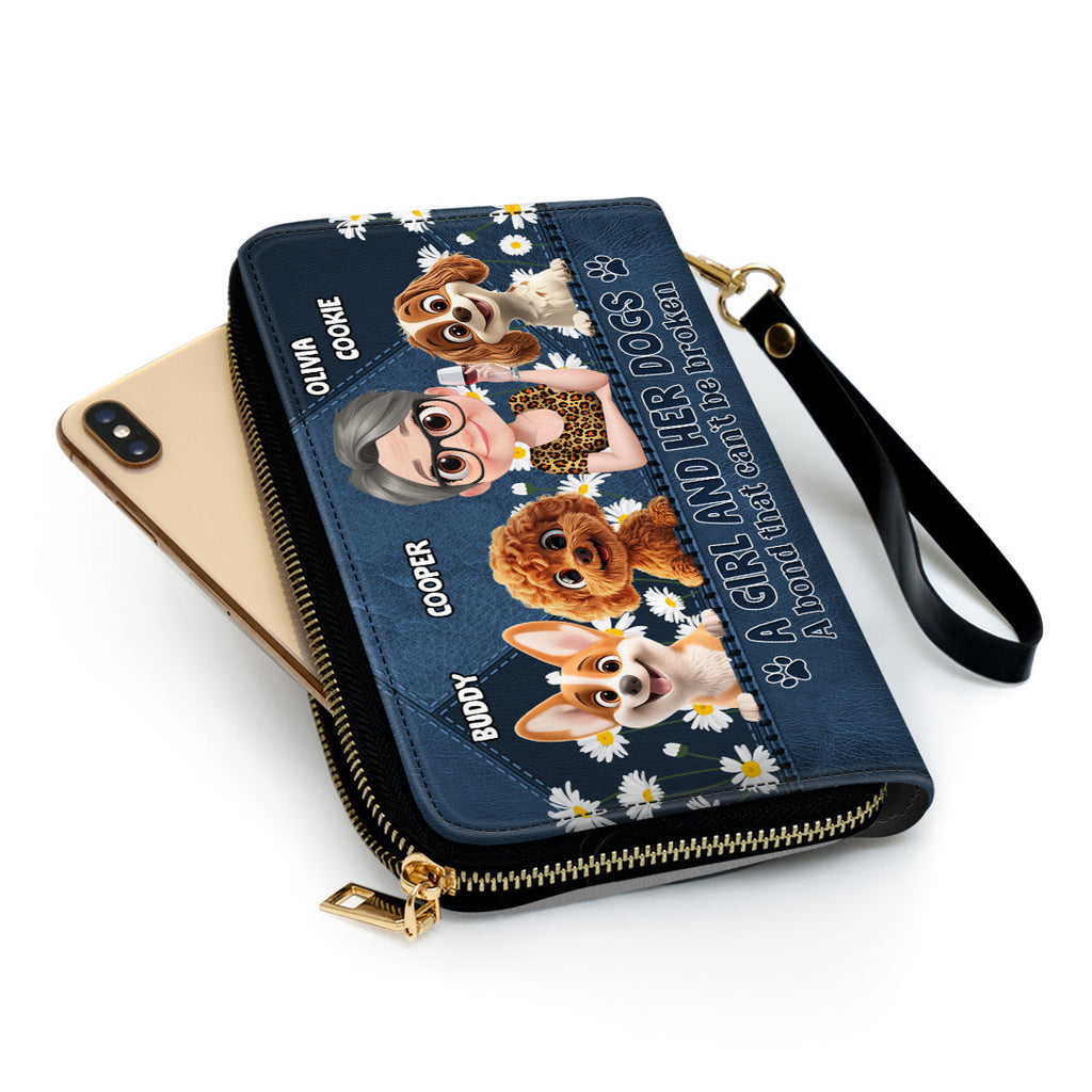 A Girl And Her Dogs Cartoon - Personalized Leather Wallet