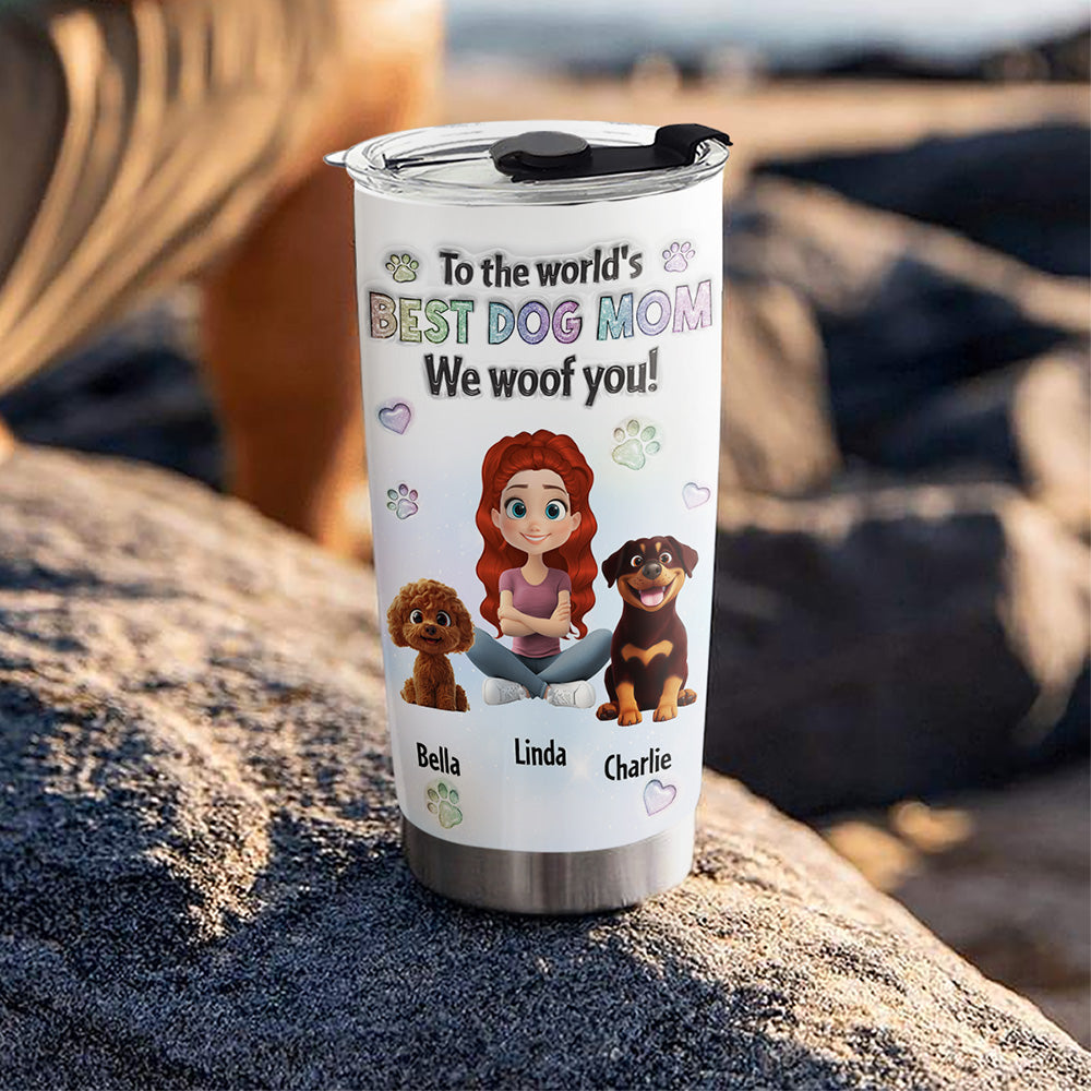 Custom Christmas Birthday Gifts For Dog Mom, Dog Lovers • I Woof You Love Mom - Personalized 3D Inflated Effect Tumbler