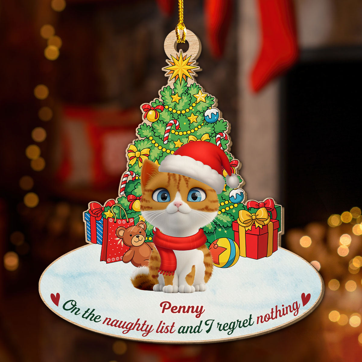 Custom Christmas Decor Home Birthday Gifts For Cat Lovers • On The Naughty List Cat Cartoonize - Personalized Wood Ornament