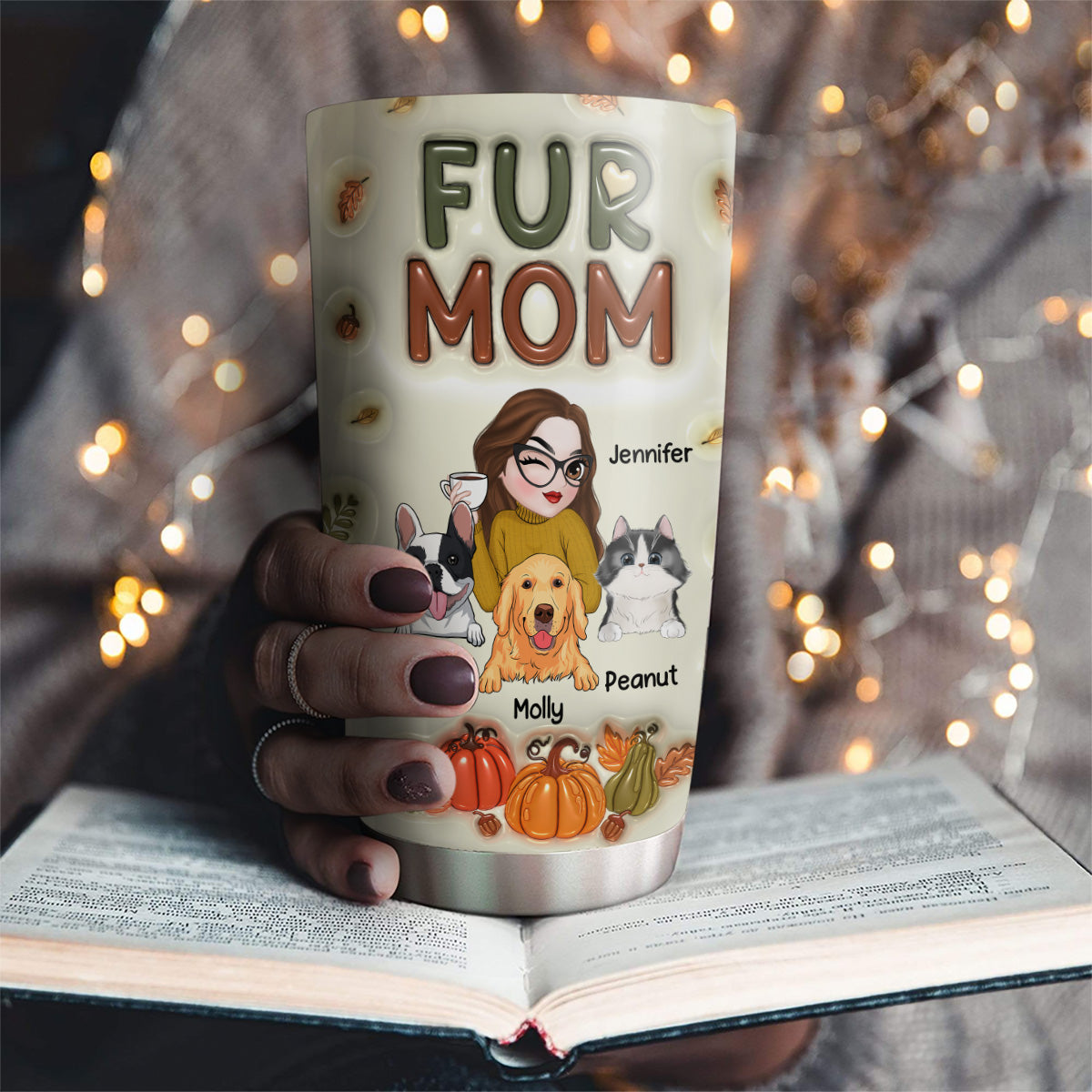 Custom Christmas Birthday Gifts For Pet Lovers • Fur Mom Autumn Version - Personalized 3D Inflated Effect Tumbler