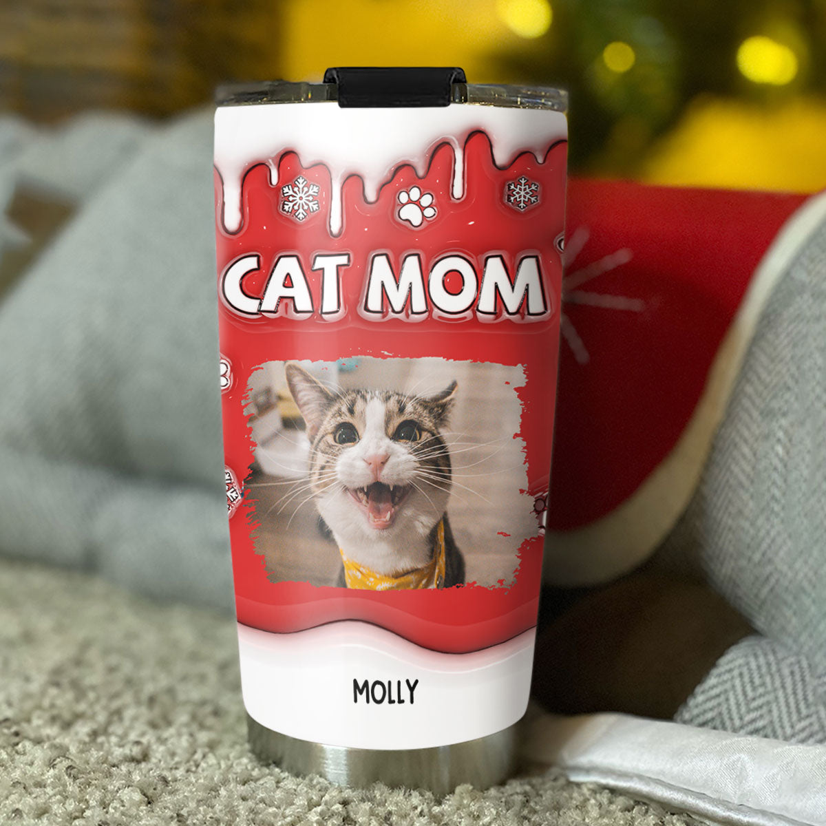 Custom Mother's day Birthday Gifts For Pet Mom, Pet Lovers • Christmas Mom Of Cats Photo - Personalized 3D Inflated Effect Tumbler