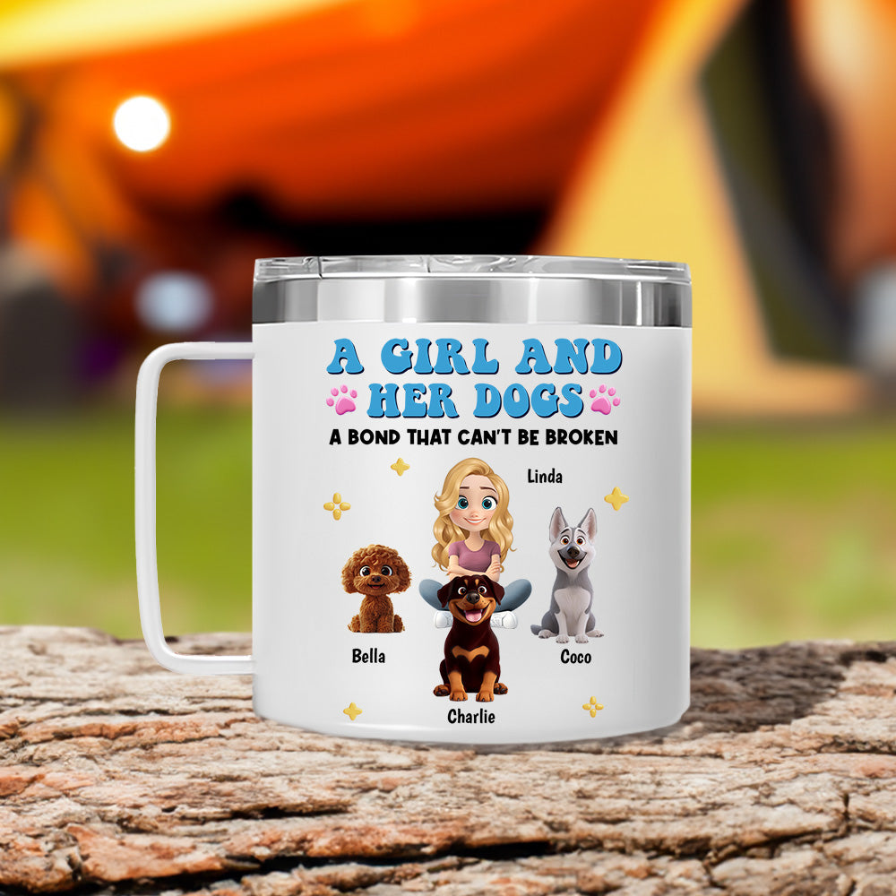 Custom Christmas Birthday Gifts For Dog Mom, Dog Lovers • A Girl And Her Dogs - Personalized 14oz Stainless Steel Tumbler With Handle