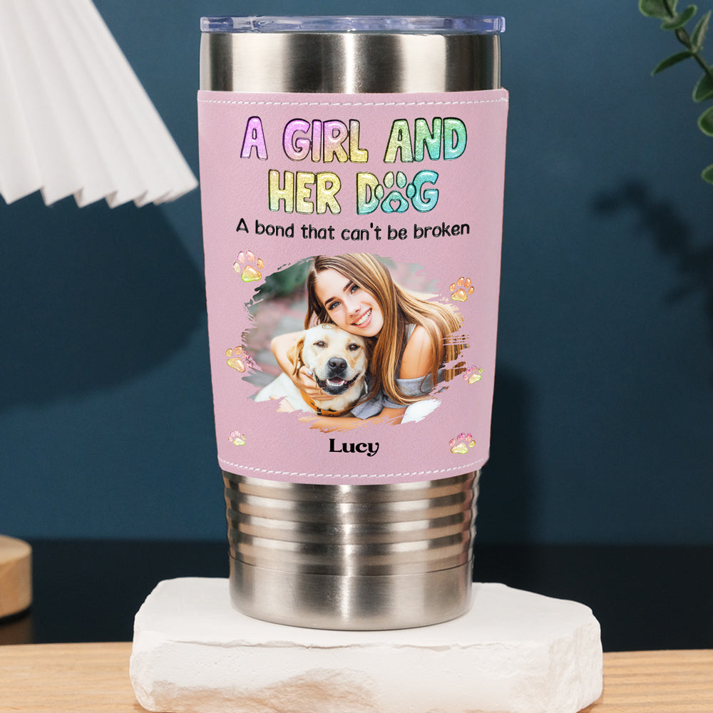 A Girl And Her Lovely Dog Photo - Personalized Pink Leather Tumbler