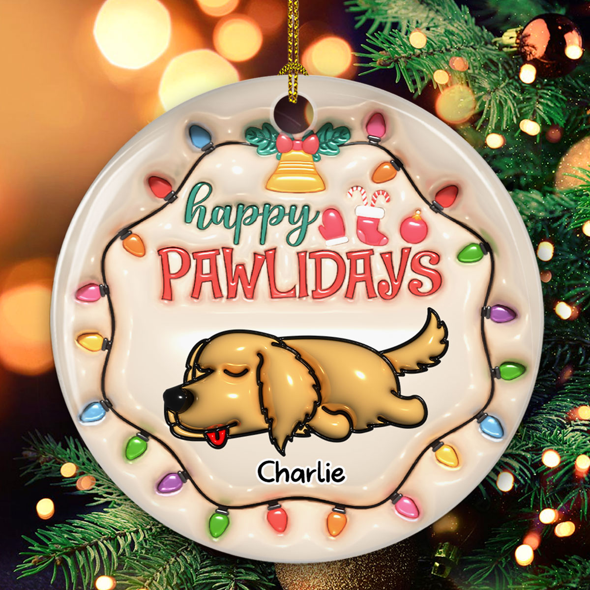 Custom Christmas Decor Home Birthday Gifts For Dog Lovers • Happy Pawlidays - Personalized 3D Inflated Effect Ceramic Ornament