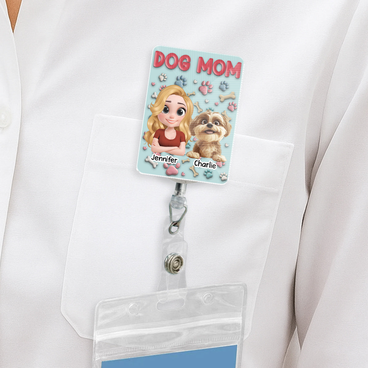 Custom Photo Funny Dog Mom Portrait ID Holder, For Graduation, Birthday • Dog Mom Cartoon - Personalized Acrylic Badge Reel
