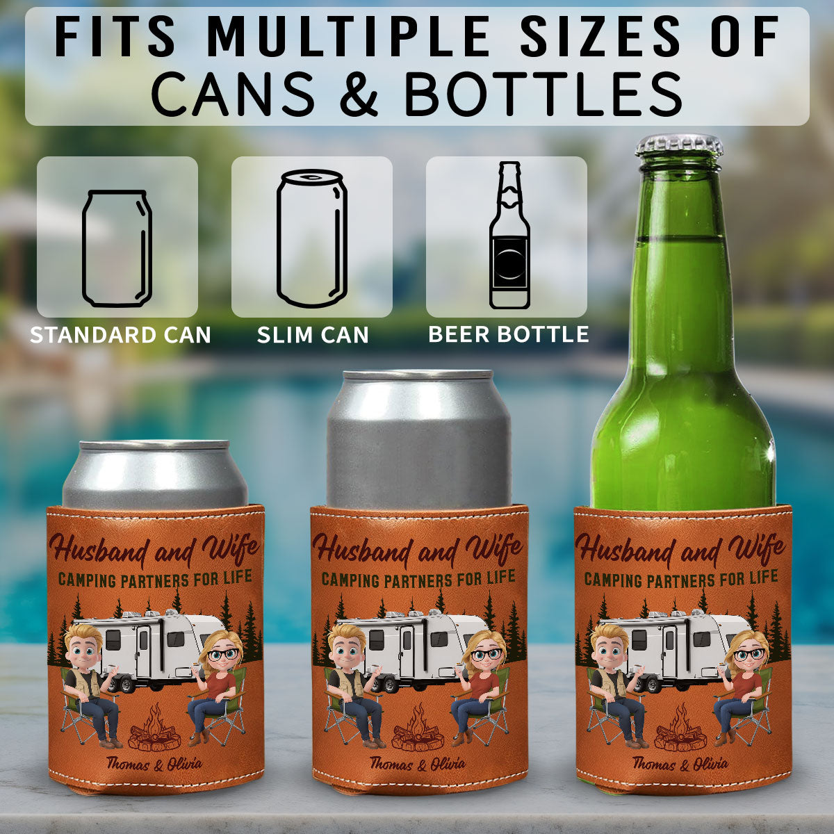 Camping Together For Life - Personalized Leather Can Cooler Holder