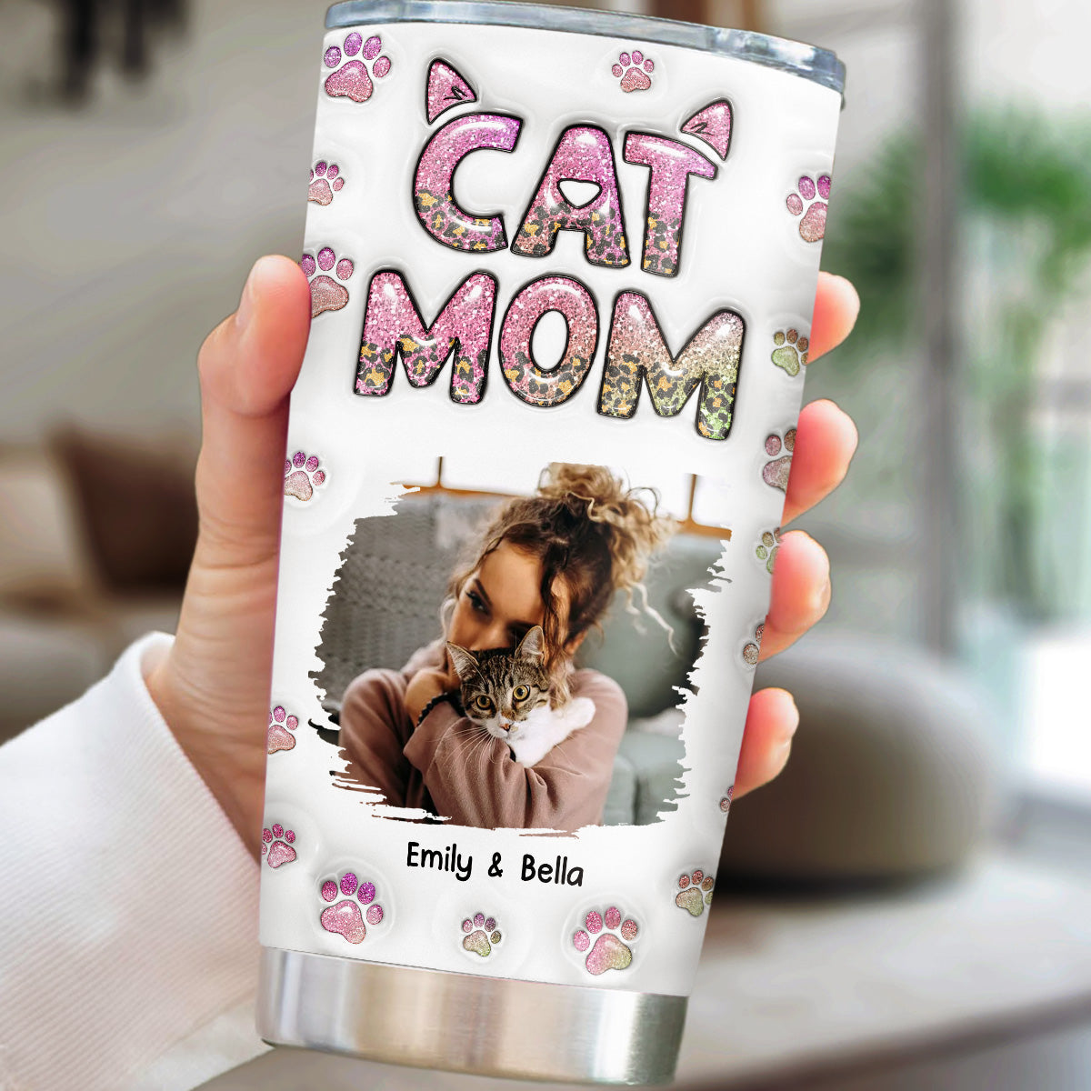 Custom Christmas Birthday Gifts For Pet Lovers • Cat Mom Lovely Chibi Version Photo - Personalized 3D Inflated Effect Tumbler