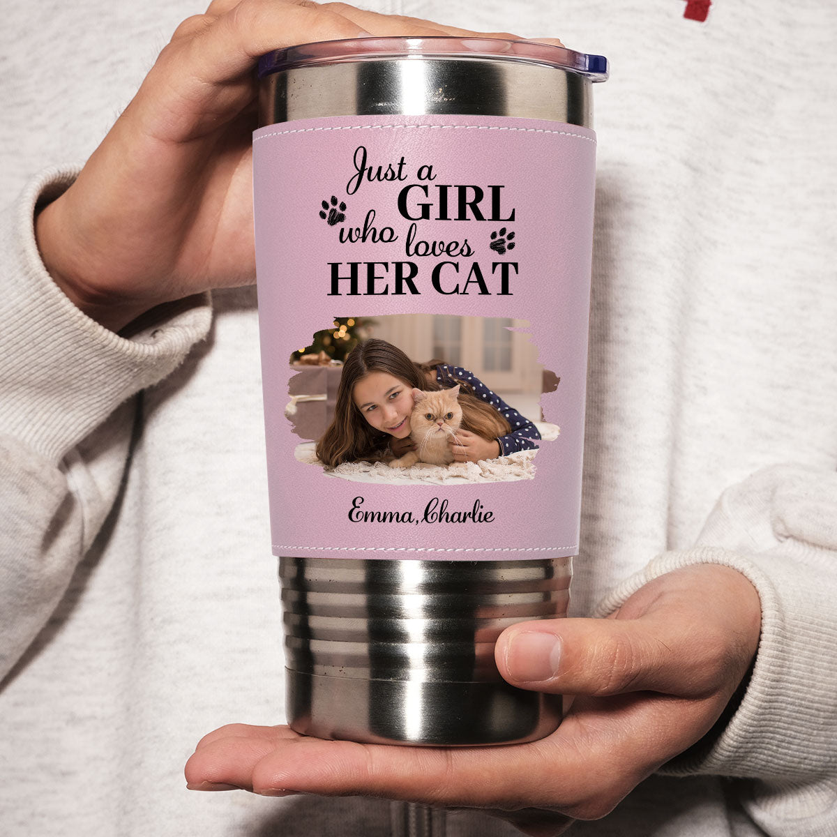 Custom Photo Christmas Birthday Gifts For Cat Mom, Cat Lovers • Pumskin Cat Autumn Photo - Personalized Pink Leather Tumbler