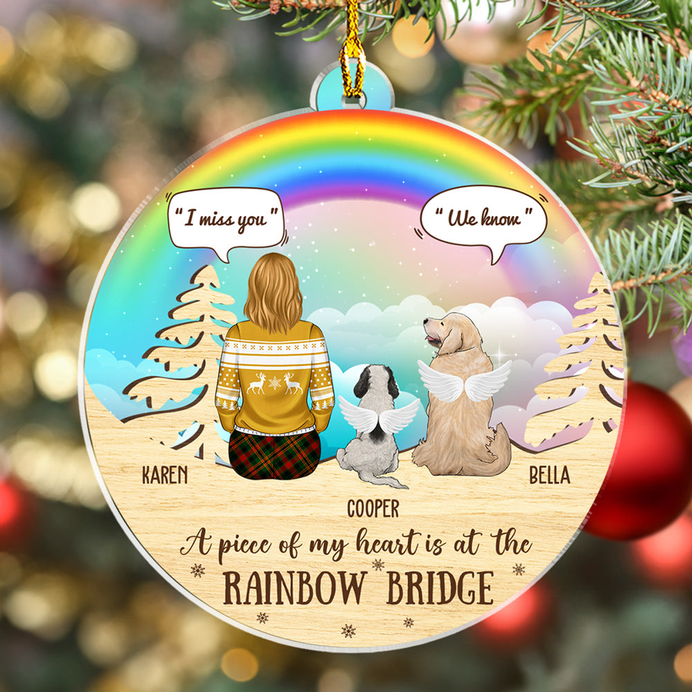 Custom Christmas Memorial Sympathy Gifts For Dogs, Cats • A Piece Of My Heart Is At The Rainbow Bridge - Personalized Acrylic Ornament