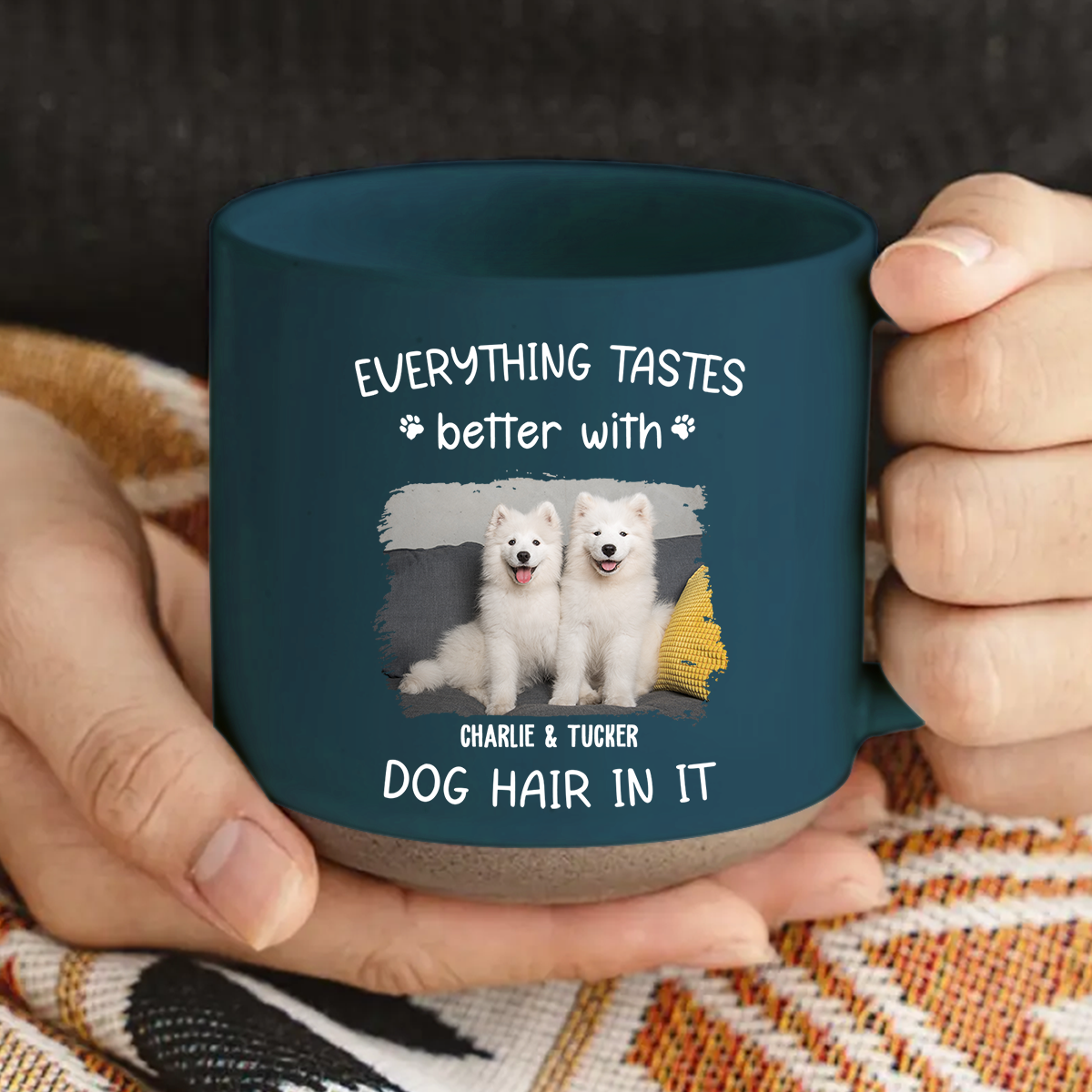 Custom Photo Mother's day Birthday Gifts For Dog Mom, Dog Lovers • Everything Taste Better With Dog Hair Photo - Personalized Pottery Mug