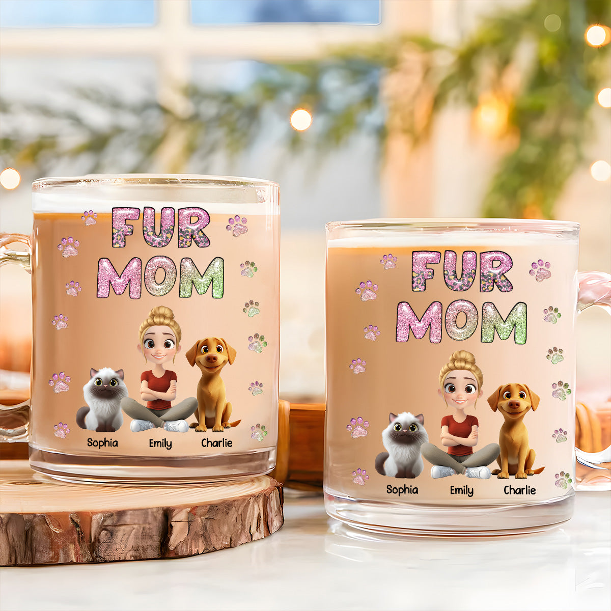 Custom Christmas Birthday Gifts For Dog Mom, Dog Lovers • Fur Mom Lovely Chibi - Personalized 3D Inflated Effect Glass Mug