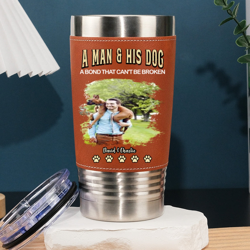 A Man And His Retro Dog Photo - Personalized Leather Tumbler