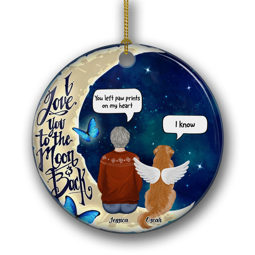 Custom Christmas Memorial Sympathy Gifts For Dogs, Cats • Love You To The Moon And Back - Personalized Circle Ceramic Christmas Ornament