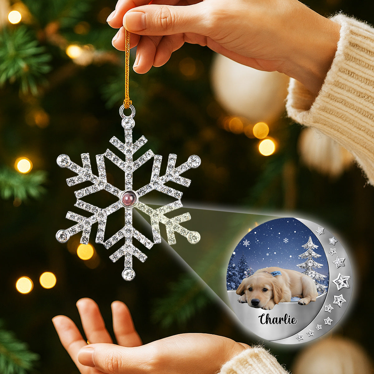 Custom Christmas Memorial Sympathy Gifts For Dogs, Cats • Beside You - Personalized Photo Snowflake Projection Ornament