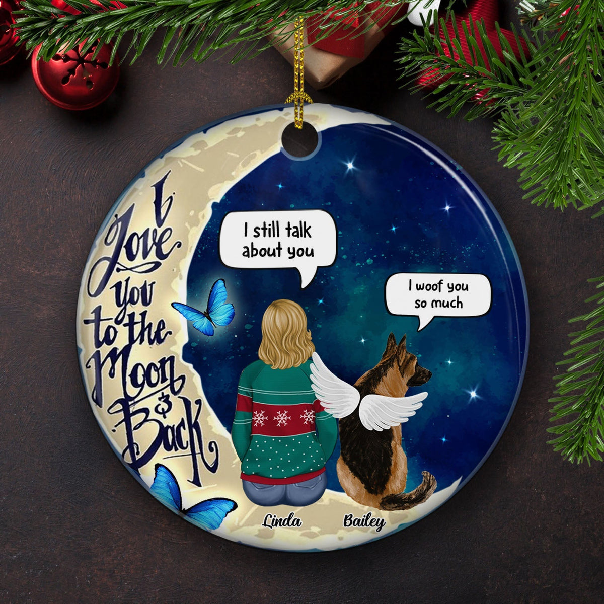 Custom Christmas Memorial Sympathy Gifts For Dogs, Cats • Love You To The Moon And Back - Personalized Circle Ceramic Christmas Ornament