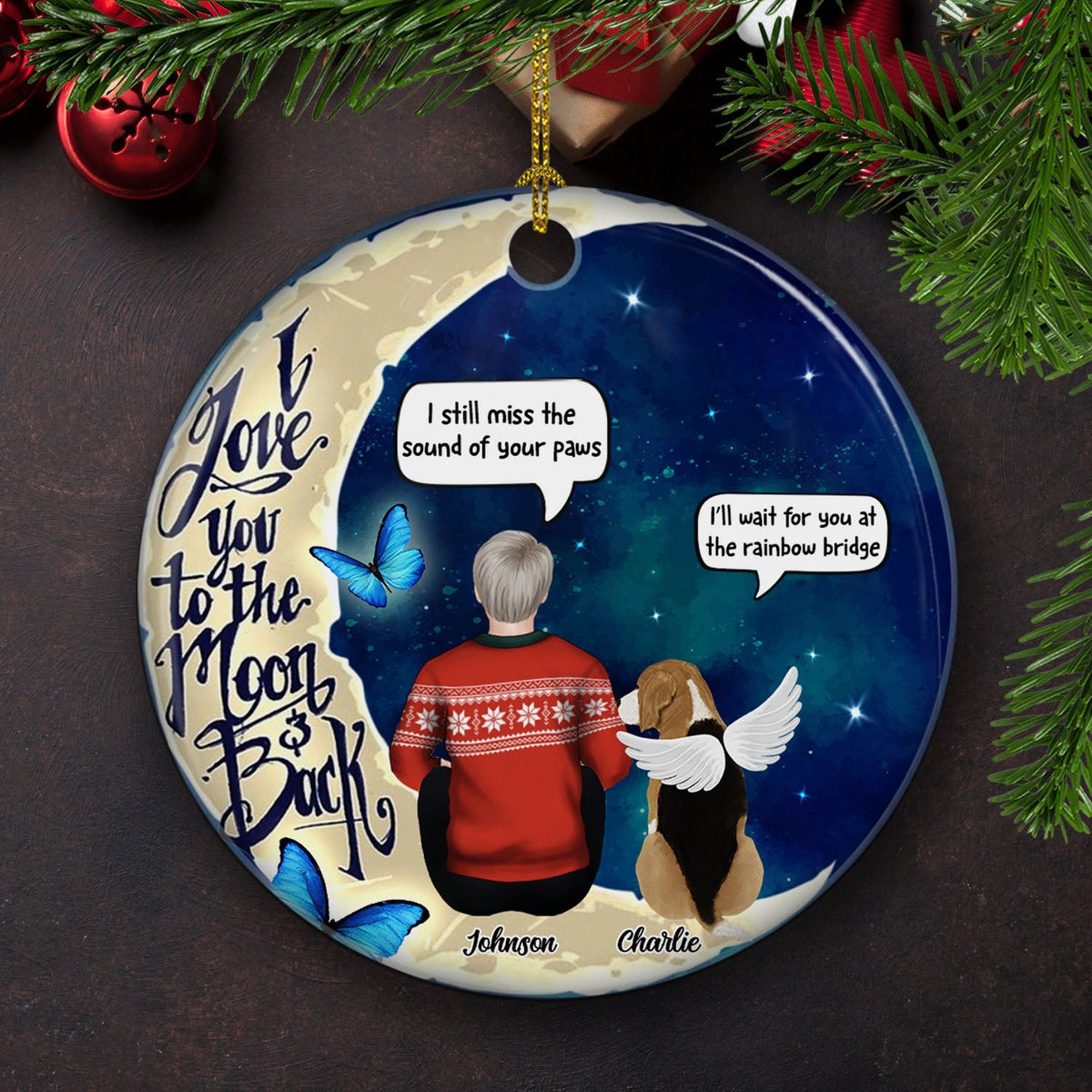 Custom Christmas Memorial Sympathy Gifts For Dogs, Cats • Love You To The Moon And Back - Personalized Circle Ceramic Christmas Ornament