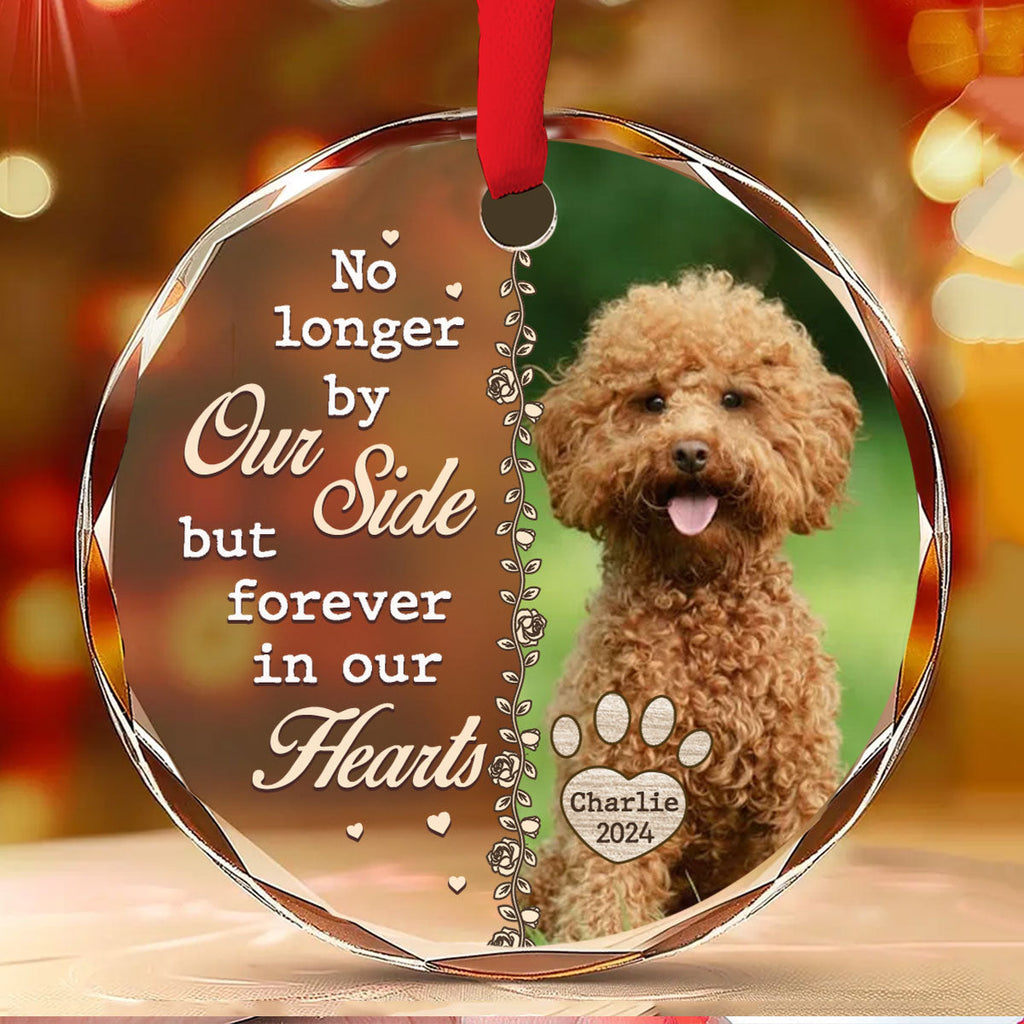 Custom Christmas Memorial Sympathy Gifts For Dogs, Cats • No Longer By Our Side - Personalized Glass Ornament