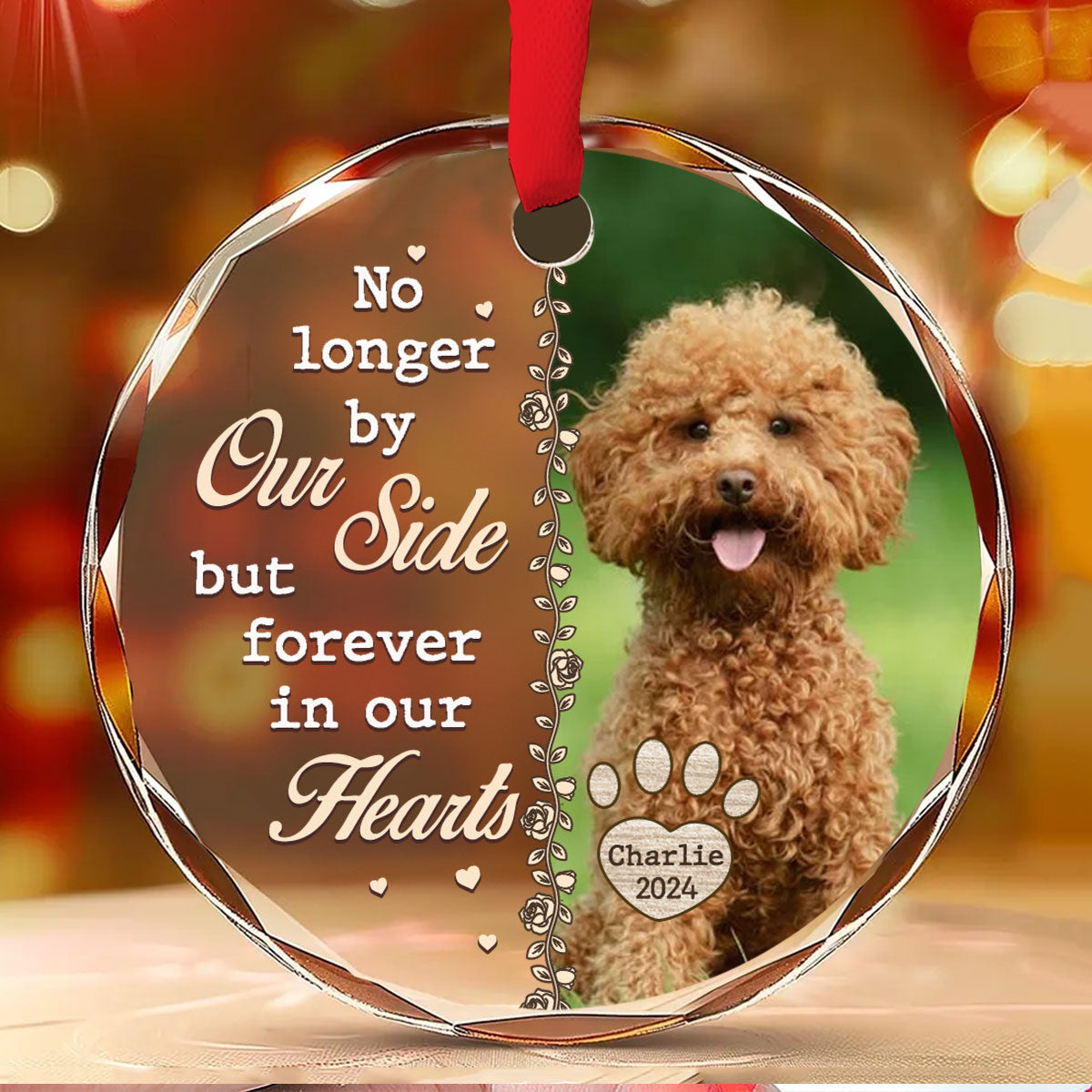 Custom Christmas Memorial Sympathy Gifts For Dogs, Cats • No Longer By Our Side - Personalized Glass Ornament