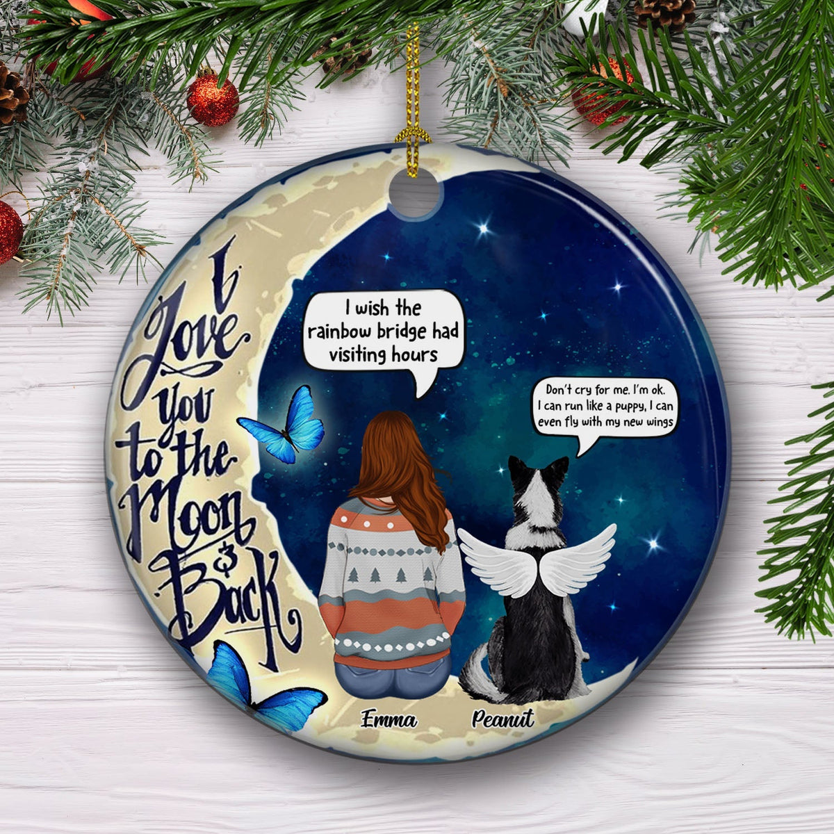Custom Christmas Memorial Sympathy Gifts For Dogs, Cats • Love You To The Moon And Back - Personalized Circle Ceramic Christmas Ornament