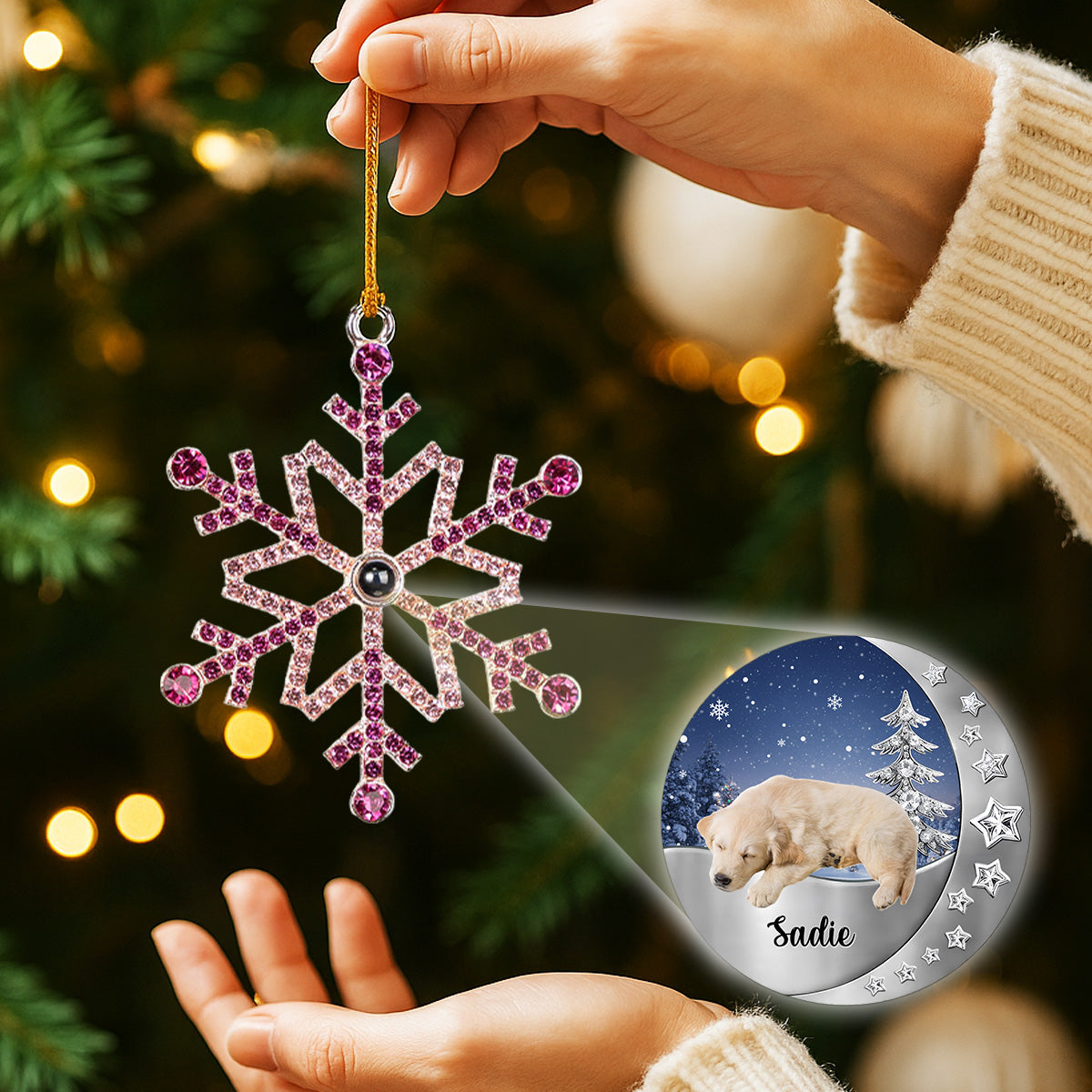 Custom Christmas Memorial Sympathy Gifts For Dogs, Cats • Beside You - Personalized Photo Snowflake Projection Ornament