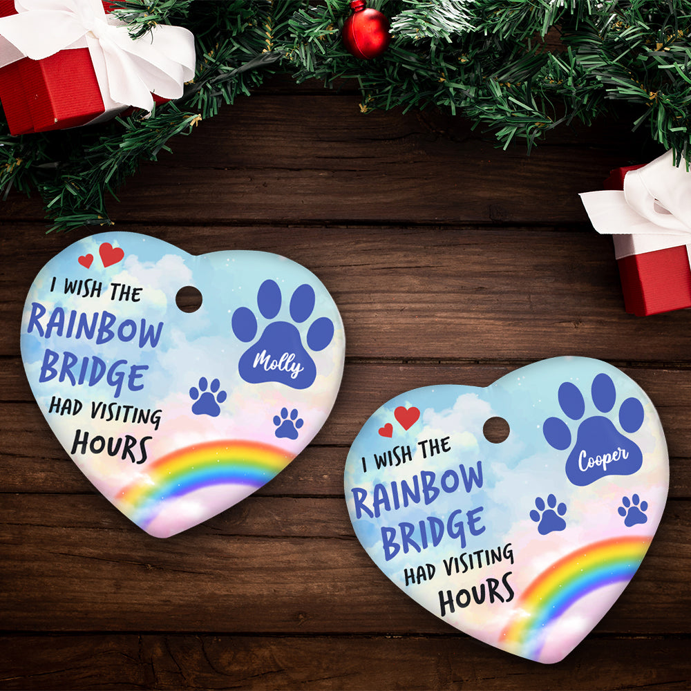 Custom Christmas Memorial Sympathy Gifts For Dogs, Cats • Rainbow Bridge - Personalized Heart Ceramic Christmas Ornament