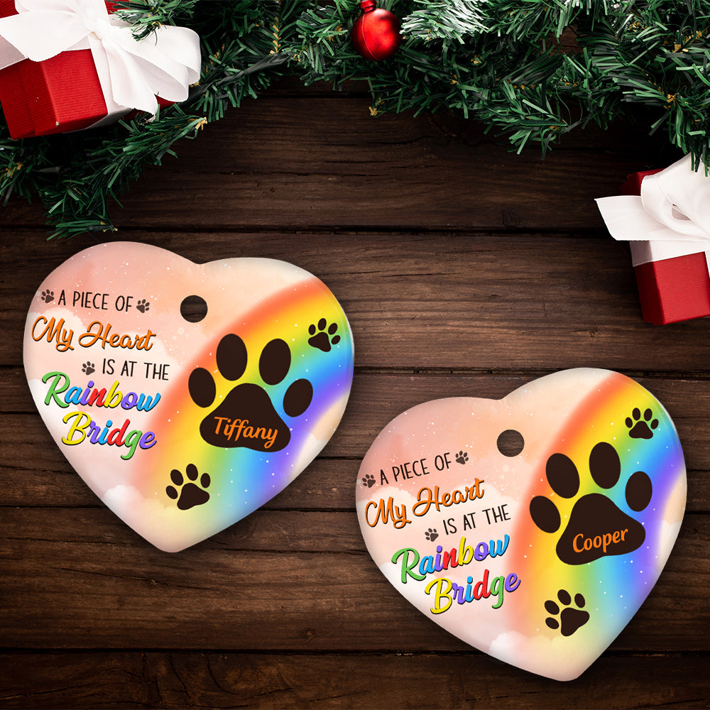 Custom Christmas Memorial Sympathy Gifts For Dogs, Cats • At The Rainbow Bridge - Personalized Heart Ceramic Christmas Ornament