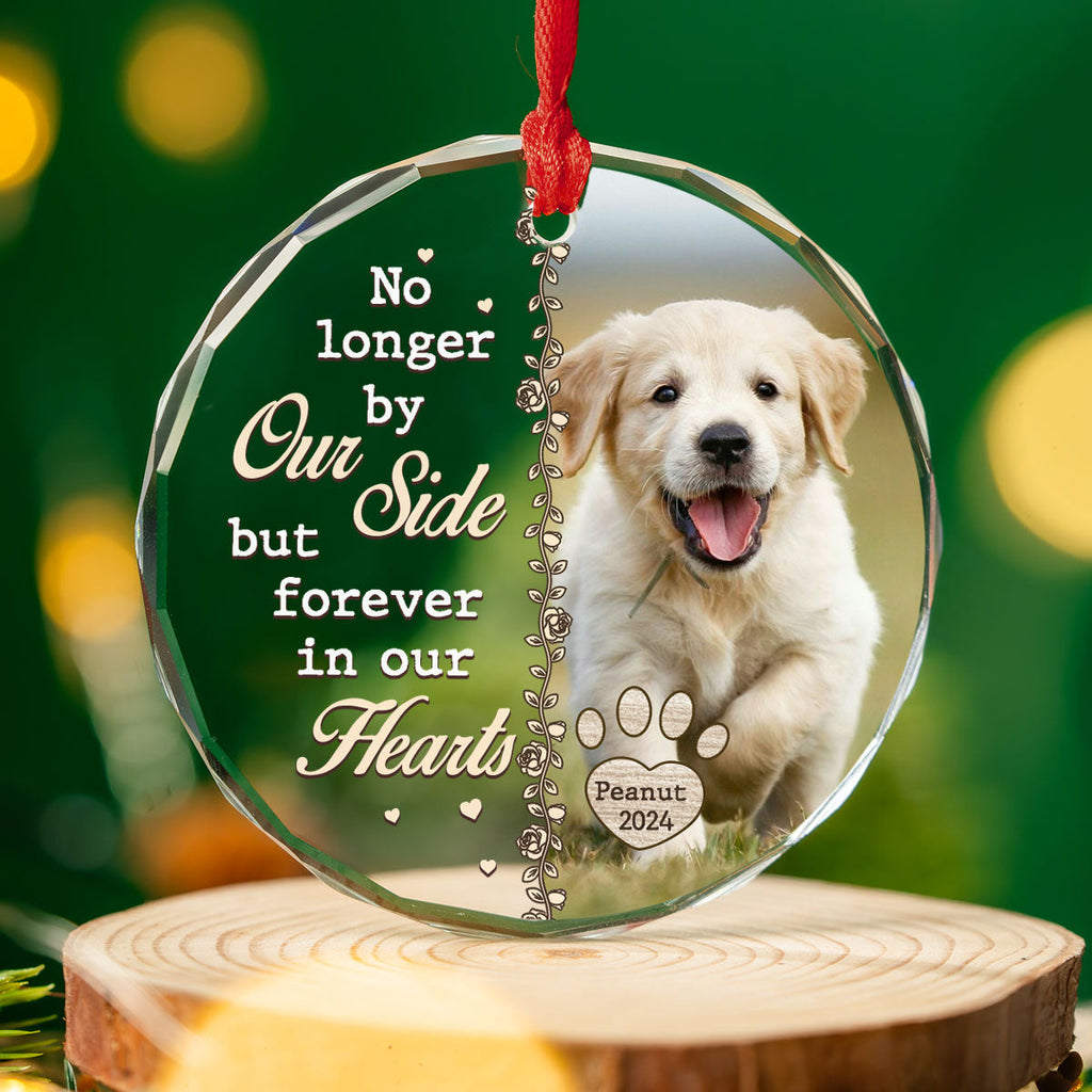Custom Christmas Memorial Sympathy Gifts For Dogs, Cats • No Longer By Our Side - Personalized Glass Ornament