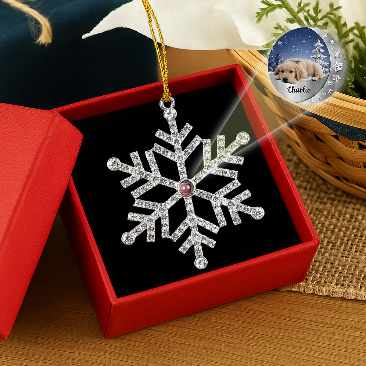 Custom Christmas Memorial Sympathy Gifts For Dogs, Cats • Beside You - Personalized Photo Snowflake Projection Ornament