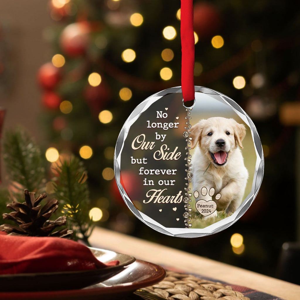 Custom Christmas Memorial Sympathy Gifts For Dogs, Cats • No Longer By Our Side - Personalized Glass Ornament