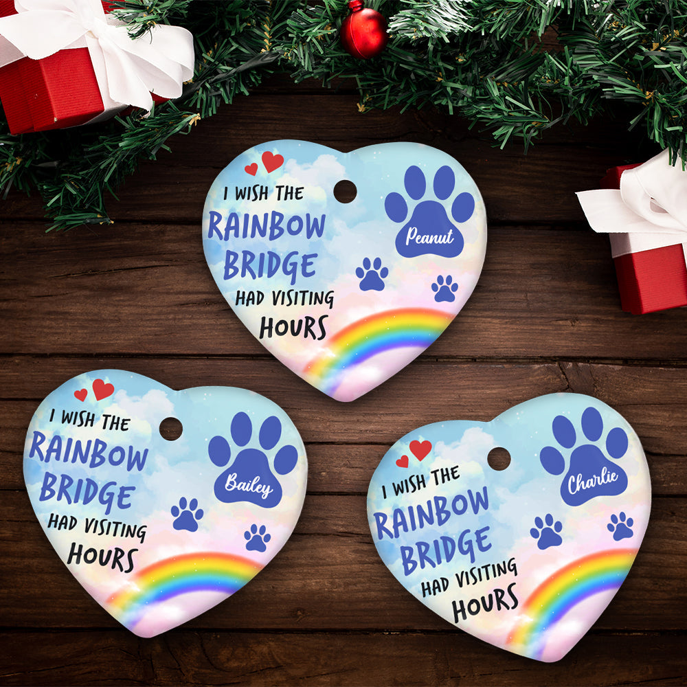 Custom Christmas Memorial Sympathy Gifts For Dogs, Cats • Rainbow Bridge - Personalized Heart Ceramic Christmas Ornament