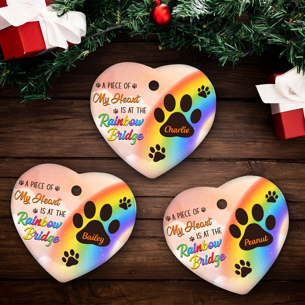 Custom Christmas Memorial Sympathy Gifts For Dogs, Cats • At The Rainbow Bridge - Personalized Heart Ceramic Christmas Ornament