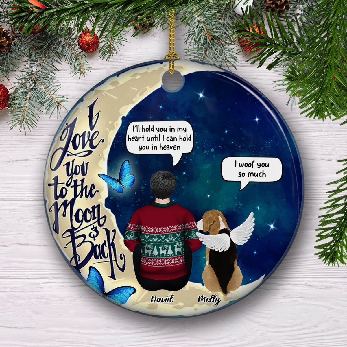 Custom Christmas Memorial Sympathy Gifts For Dogs, Cats • Love You To The Moon And Back - Personalized Circle Ceramic Christmas Ornament