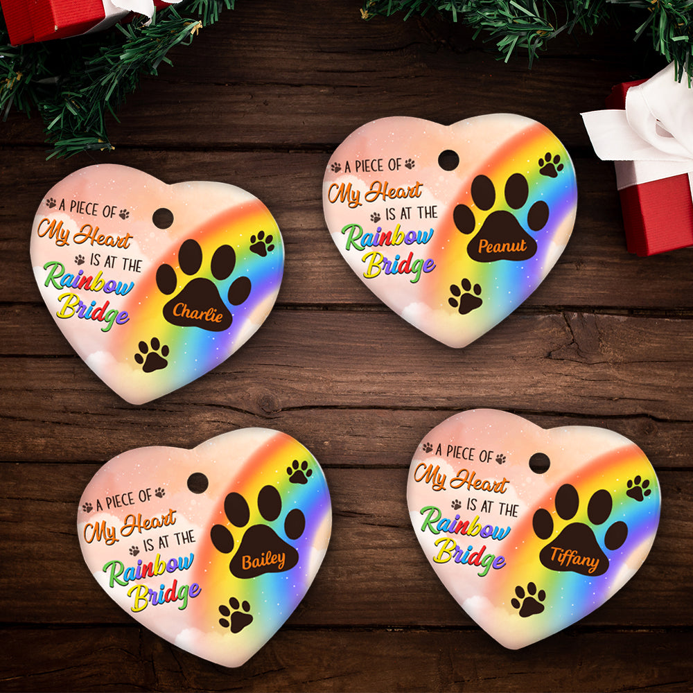 Custom Christmas Memorial Sympathy Gifts For Dogs, Cats • At The Rainbow Bridge - Personalized Heart Ceramic Christmas Ornament