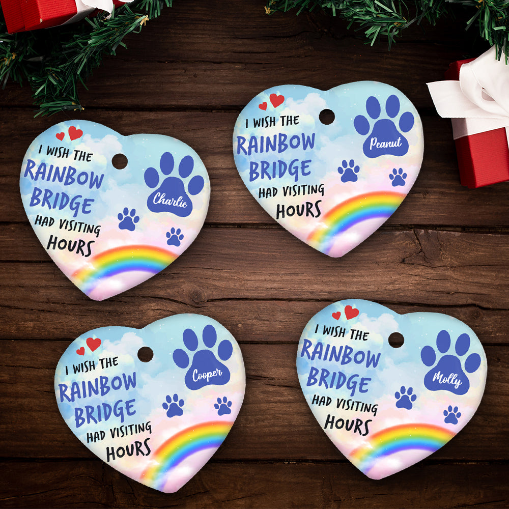 Custom Christmas Memorial Sympathy Gifts For Dogs, Cats • Rainbow Bridge - Personalized Heart Ceramic Christmas Ornament