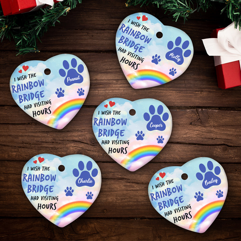 Custom Christmas Memorial Sympathy Gifts For Dogs, Cats • Rainbow Bridge - Personalized Heart Ceramic Christmas Ornament