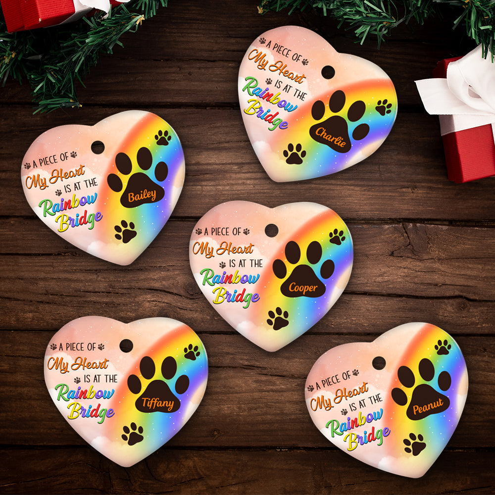 Custom Christmas Memorial Sympathy Gifts For Dogs, Cats • At The Rainbow Bridge - Personalized Heart Ceramic Christmas Ornament