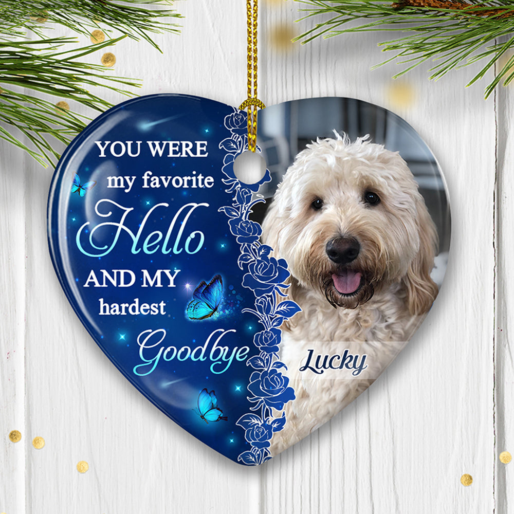 Custom Christmas Memorial Sympathy Gifts For Dogs, Cats • The Hardest Goodbye - Personalized Heart Ceramic Christmas Ornament