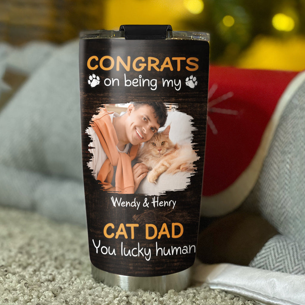 Custom Photo Christmas Birthday Gifts For Cat Dad, Cat Lovers • Congrats On Being Our Dad Cartoon Ver Cat Photo - Personalized Tumbler