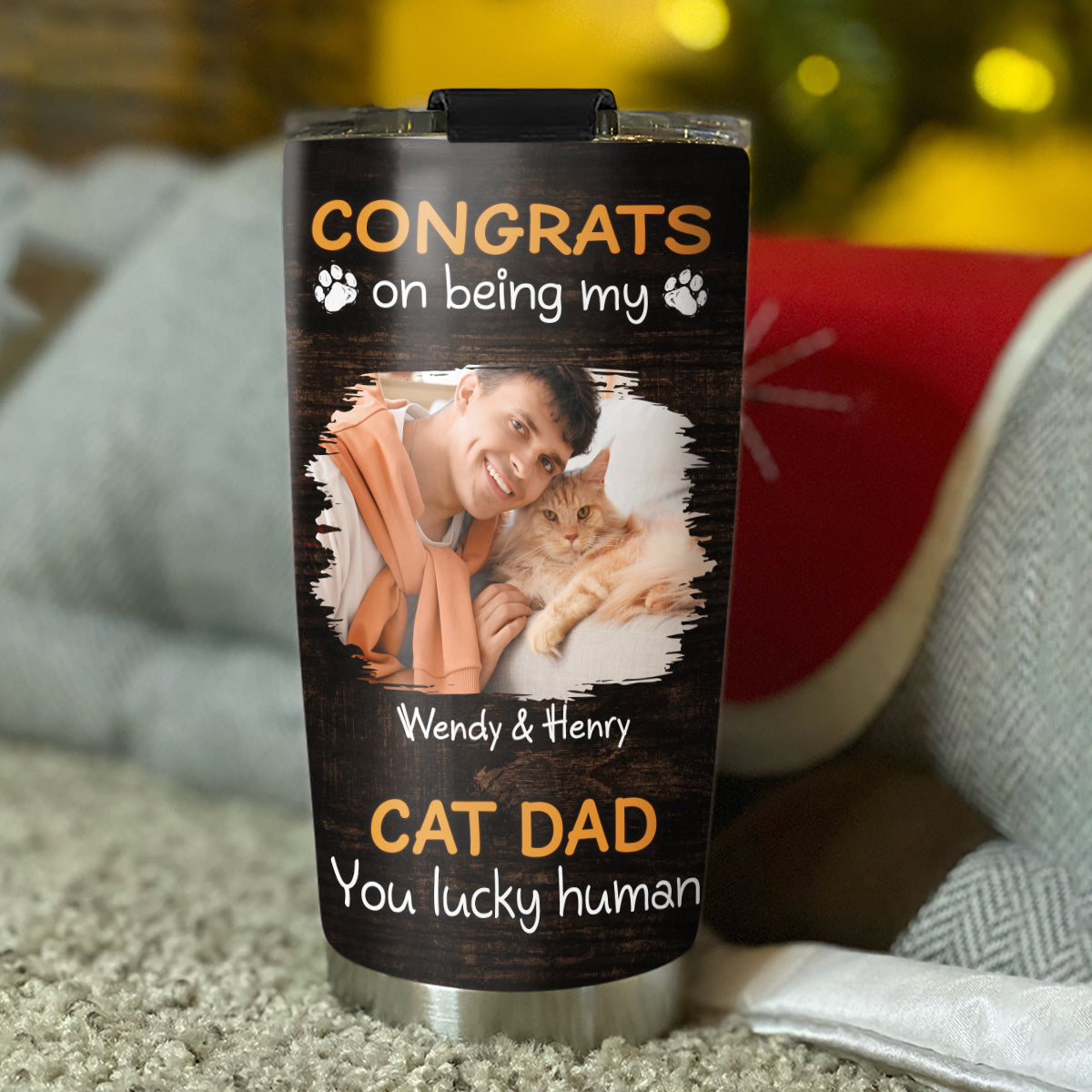 Custom Photo Christmas Birthday Gifts For Cat Dad, Cat Lovers • Congrats On Being Our Dad Cartoon Ver Cat Photo - Personalized Tumbler