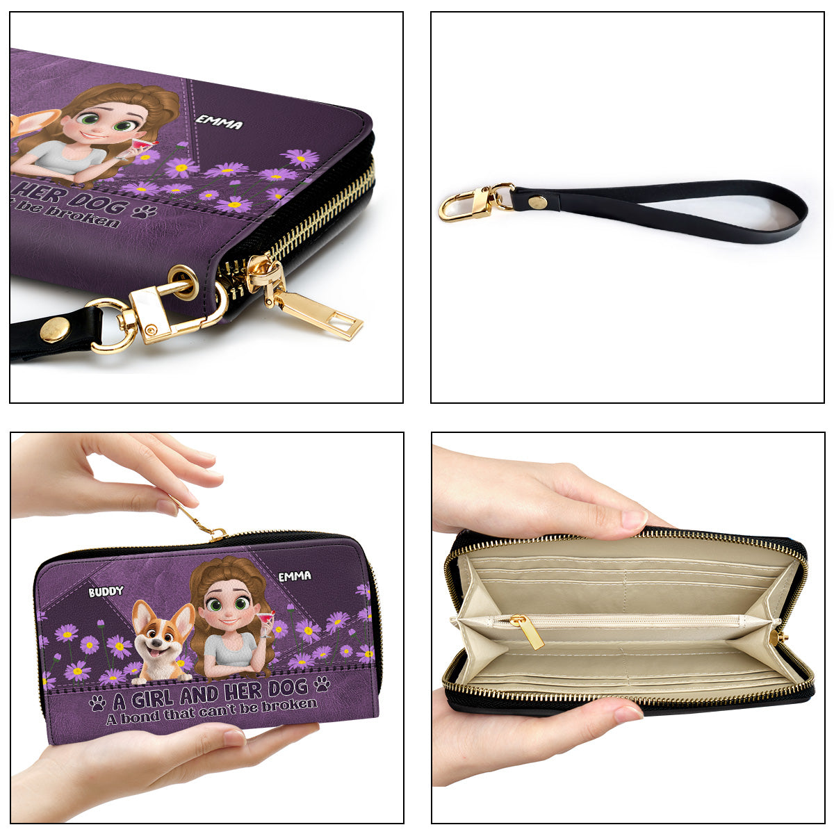 A Girl And Her Dogs Cartoon - Personalized Leather Wallet
