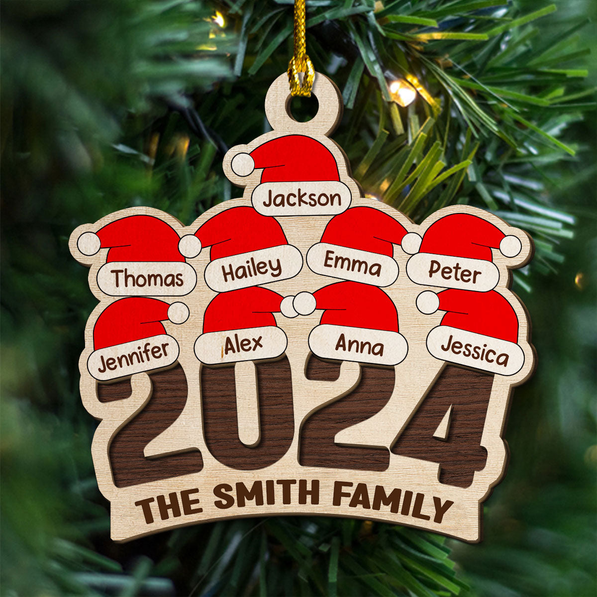 Family Santa Hat - Personalized 2-Layered Wood Ornament