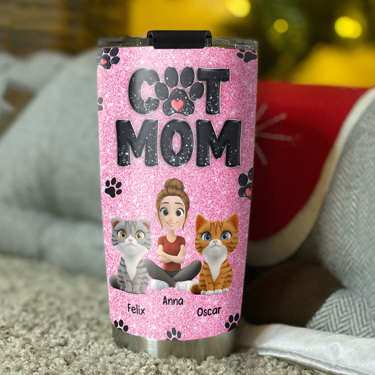 Custom Christmas Birthday Gifts For Cat Mom, Cat Lovers • Lovely Cat Mom Blink - Personalized Tumbler